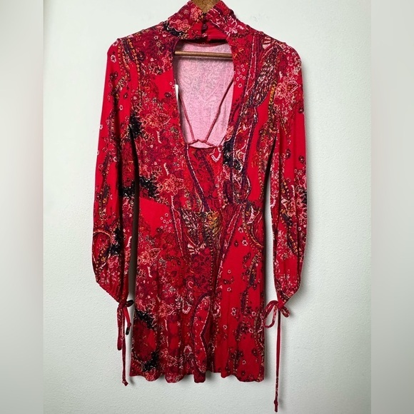 NWT Free People All Dolled Up Red Print Long Sleeve Mini Dress Size Small - Picture 6 of 9
